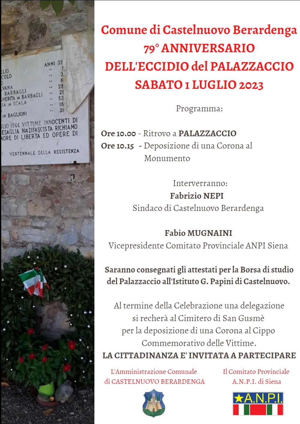 Sabato 1° luglio Castelnuovo Berardenga ricorda l’eccidio del Palazzaccio del 1944